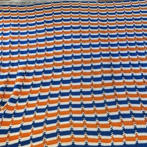 Handmade Crochet University of Floral Orange, White, and Blue stripe Bed Spread